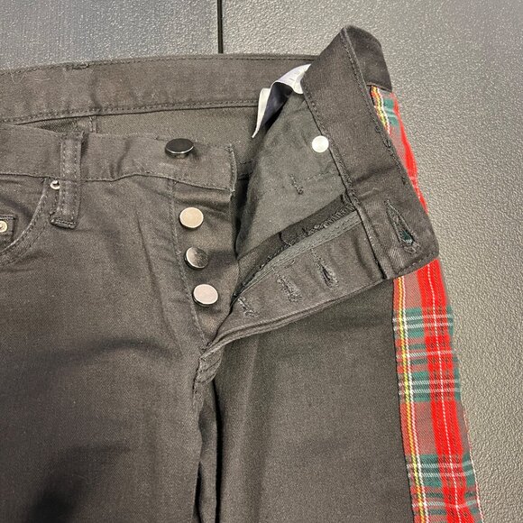 MNML Jeans Men’s Black Plaid Trim Leg Zips Button Fly Size 30 Academia Preppy - Picture 5 of 11